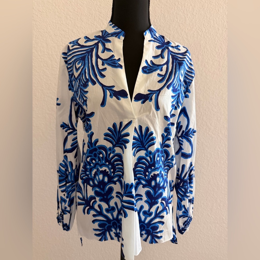 Zara 100% Cotton Majolica Blouse | White & Blue Patterned Long Sleeve Top